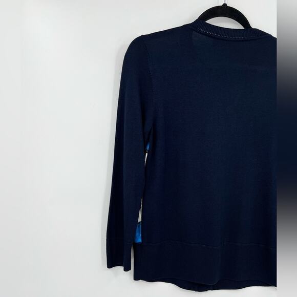 St. John Floral Cardigan Sweater Wool Cashmere Silk Buttons Navy Blue Petite 2 - Picture 6 of 12